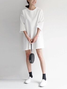 OAK + FORT| Ivory Crewneck Oversized Boxy Denim Frayed Hem Shirt Dress Sz XS